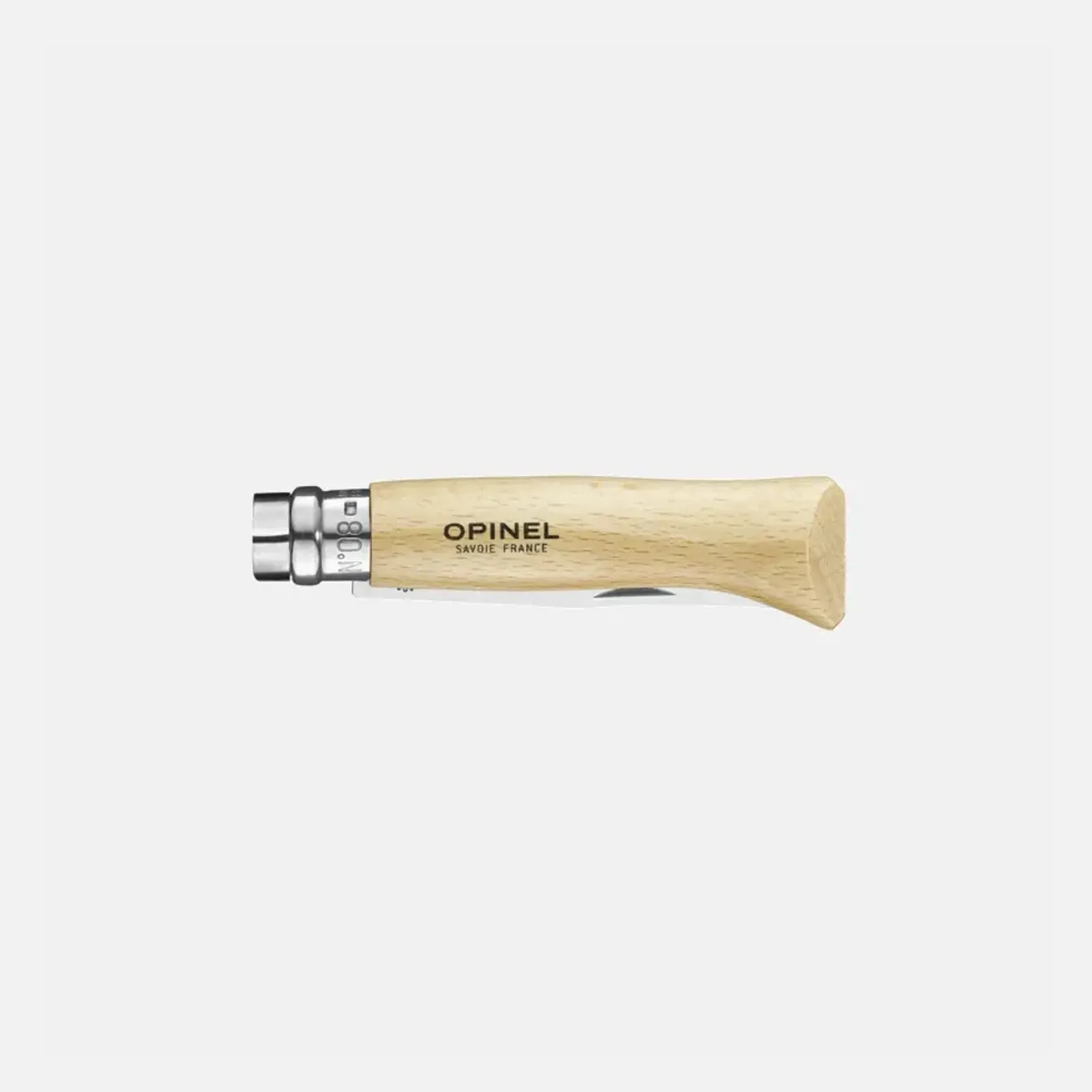 Opinel N08 Inox kniv med naturligt trähandtag och rostfritt stål blad - visar klassiskt franskt hantverk