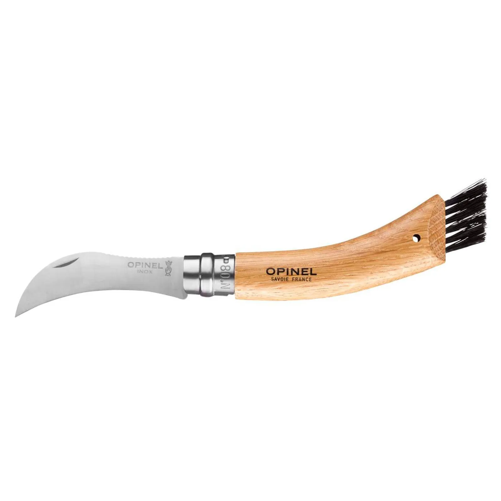 Opinel N08 svampkniv med böjt rostfritt stål blad och trähandtag med inbyggd rengöringsborste