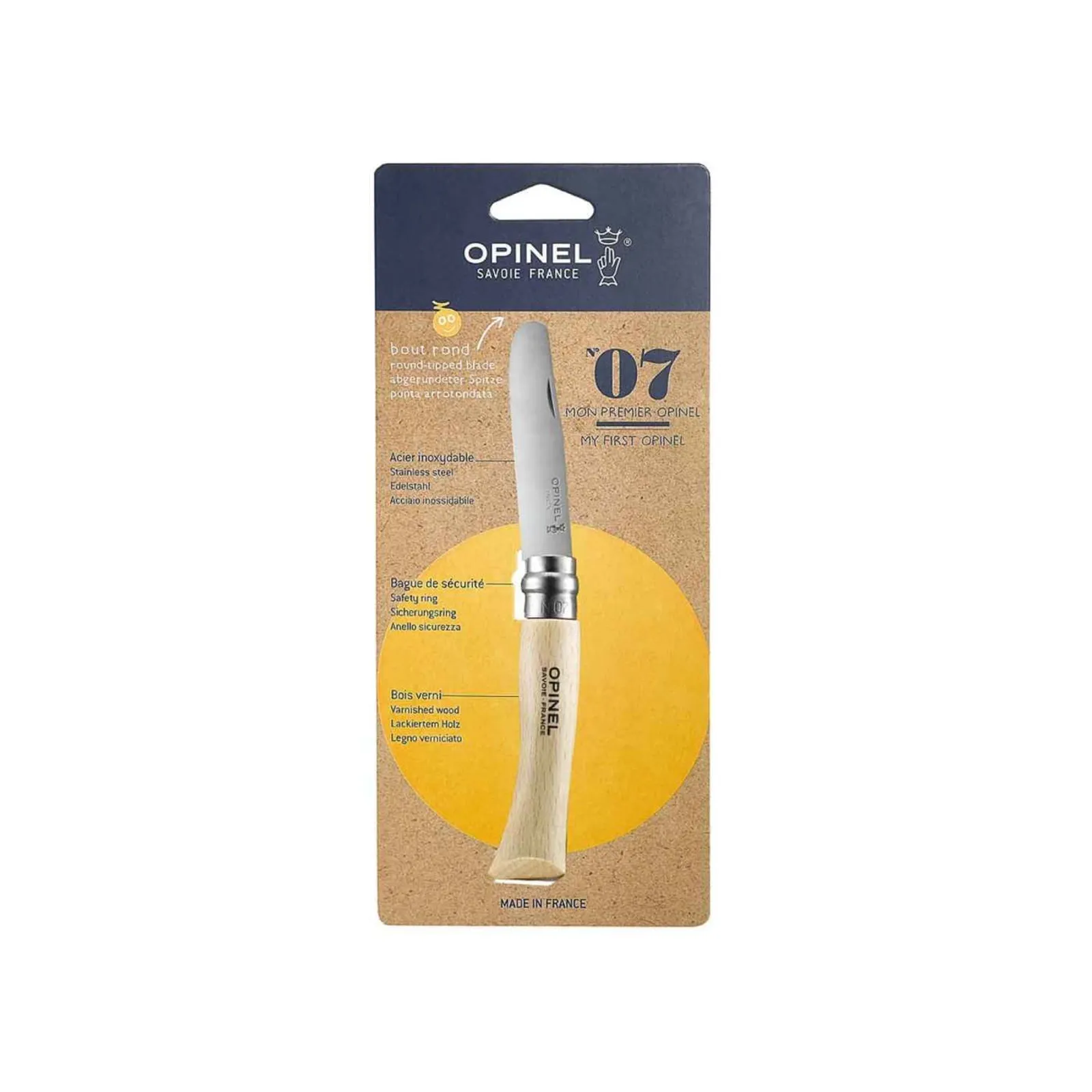 Opinel No. 07 barnkniv med rostfritt stål blad och lackerat trähandtag - förpackad med säkerhetsring
