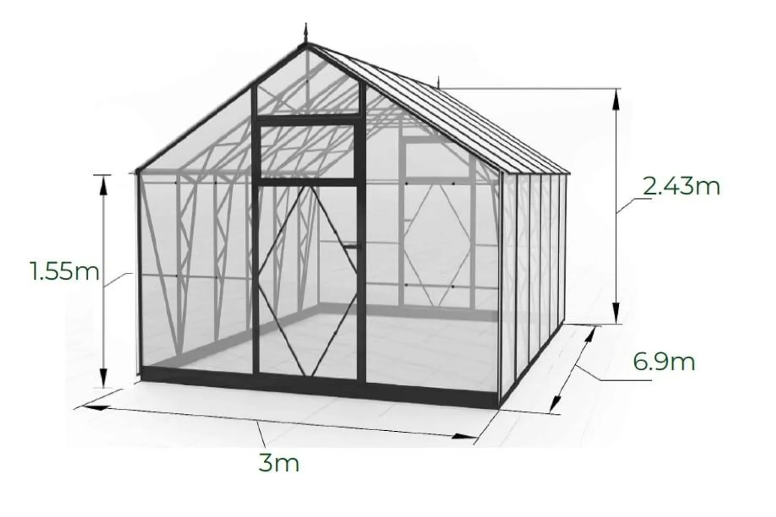 EcoSlider Lux 3,0 20,7 m² växthus i svart, produktbild på vit bakgrund