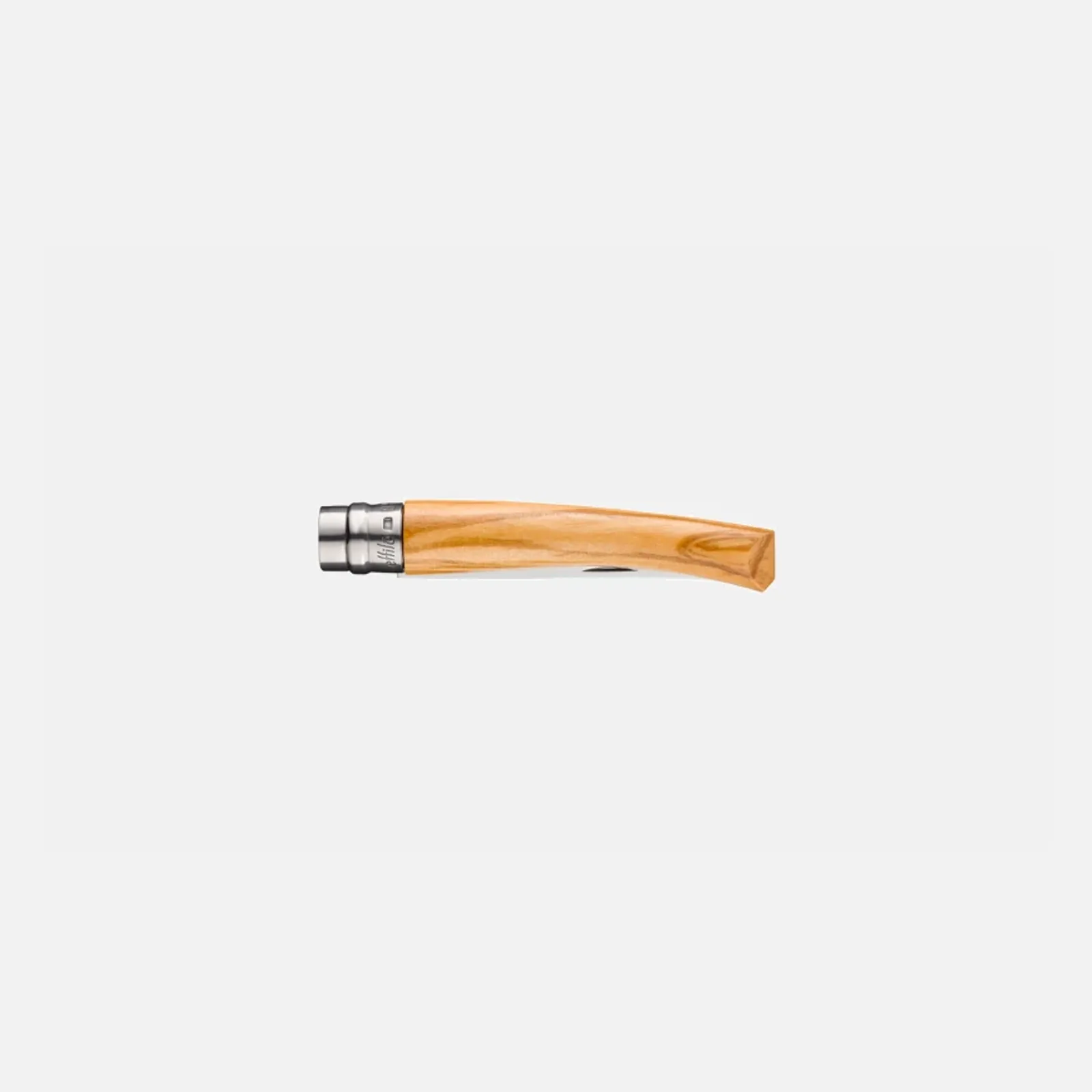 Opinel N08 Inox kniv med olivträ handtag - detaljerad sidovy av elegant design och rostfritt stål blad