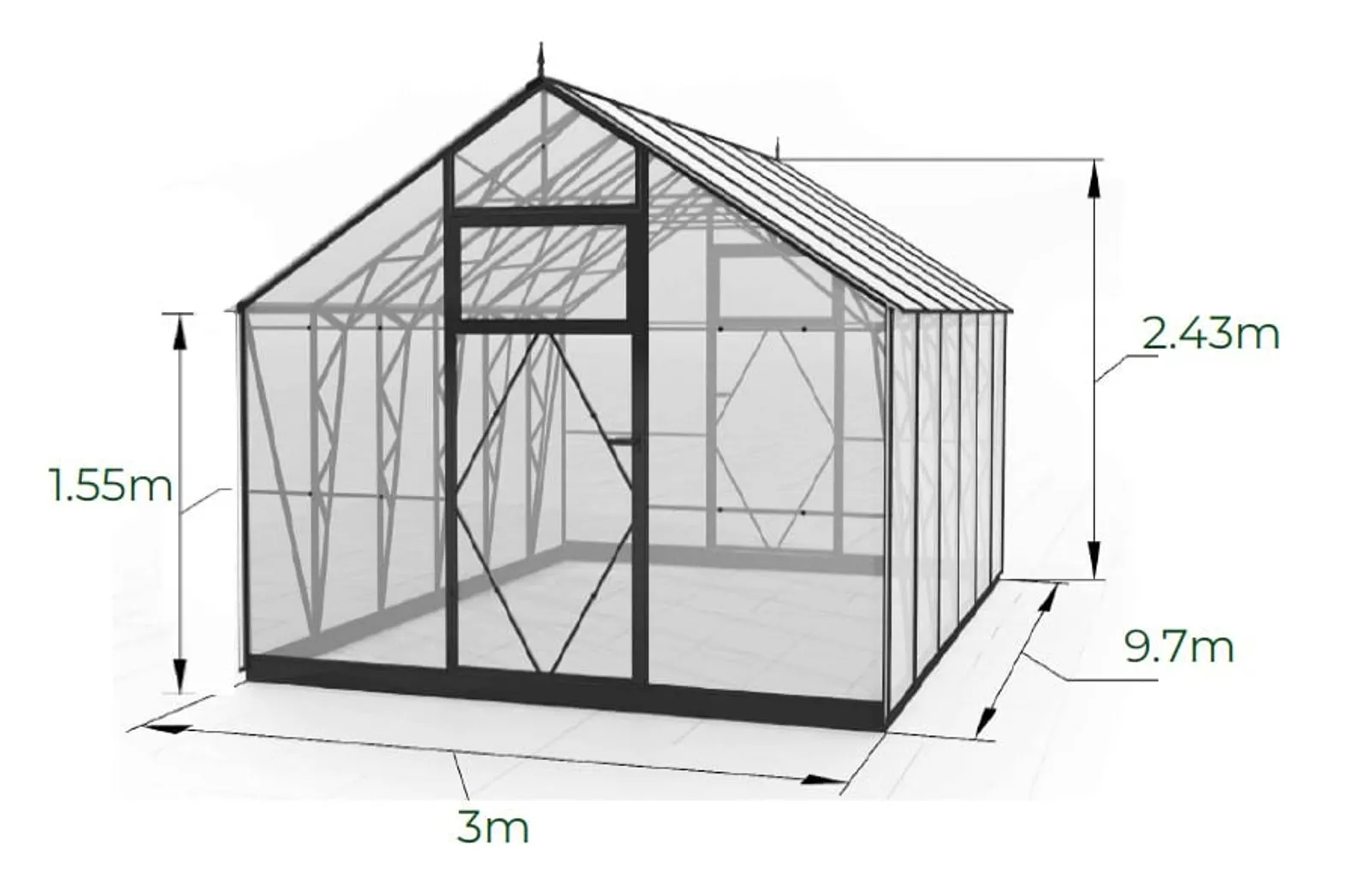 EcoSlider Lux 3,0 29,1 m² växthus i svart, produktbild på vit bakgrund