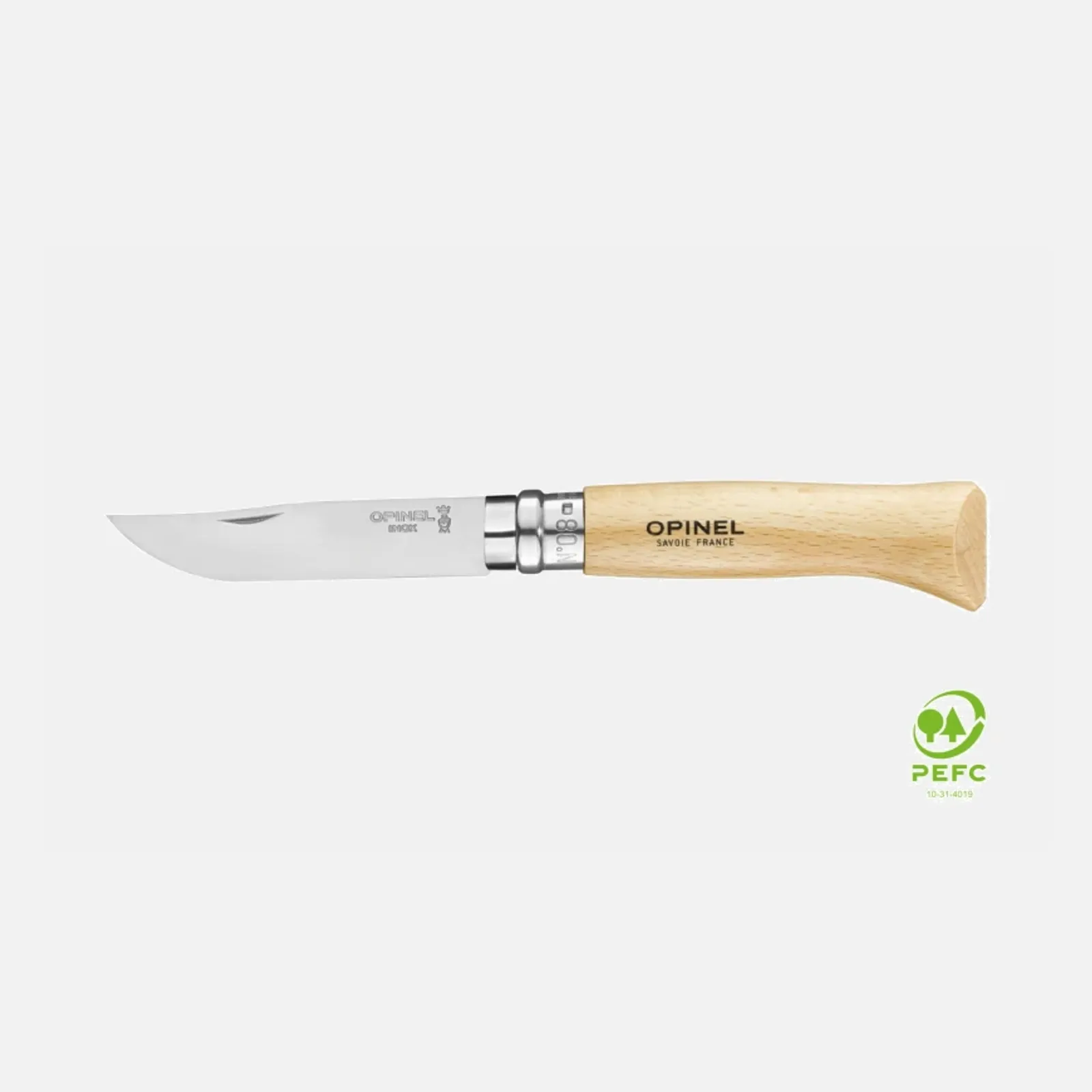 Opinel N08 Inox kniv med rostfritt stål blad och naturligt trähandtag - klassisk design med PEFC-certifiering