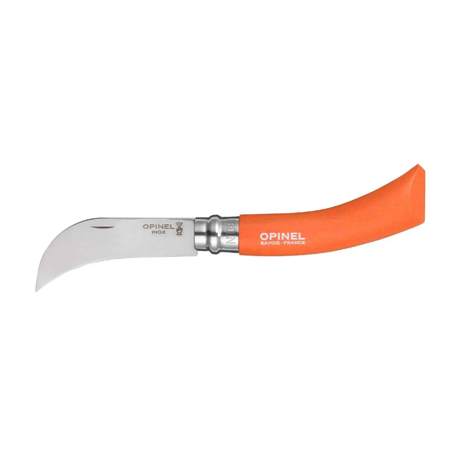 Opinel trädgårdskniv med böjt rostfritt stål blad och livligt orange trähandtag - idealisk för precision trädgårdsarbete
