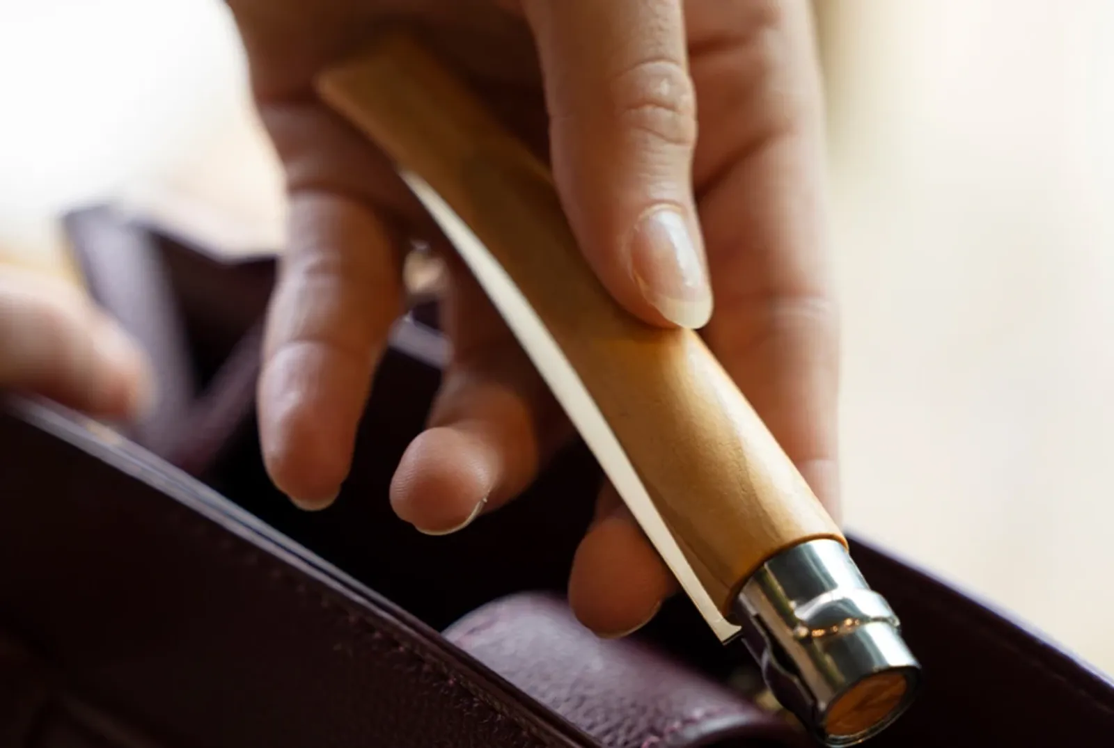 Opinel N08 Inox kniv med olivträ handtag hållen i hand - visar storlek och ergonomiskt grepp