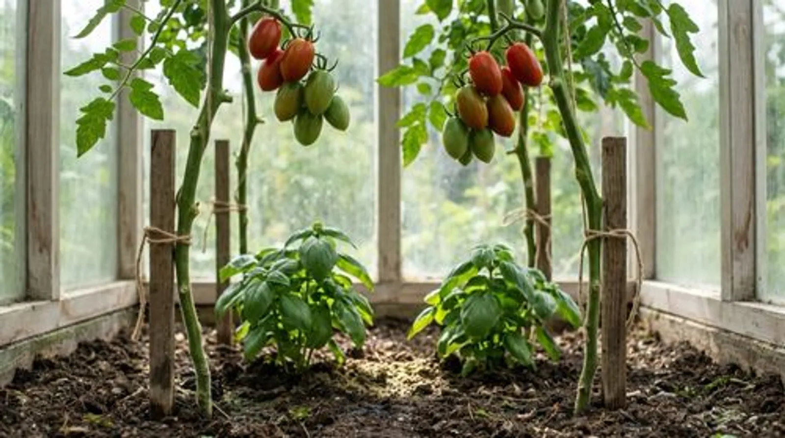 Uppbundna tomatplantor i ett växthus med mognande klasar högt uppe och två basilikaplantor planterade i samma jord nedanför