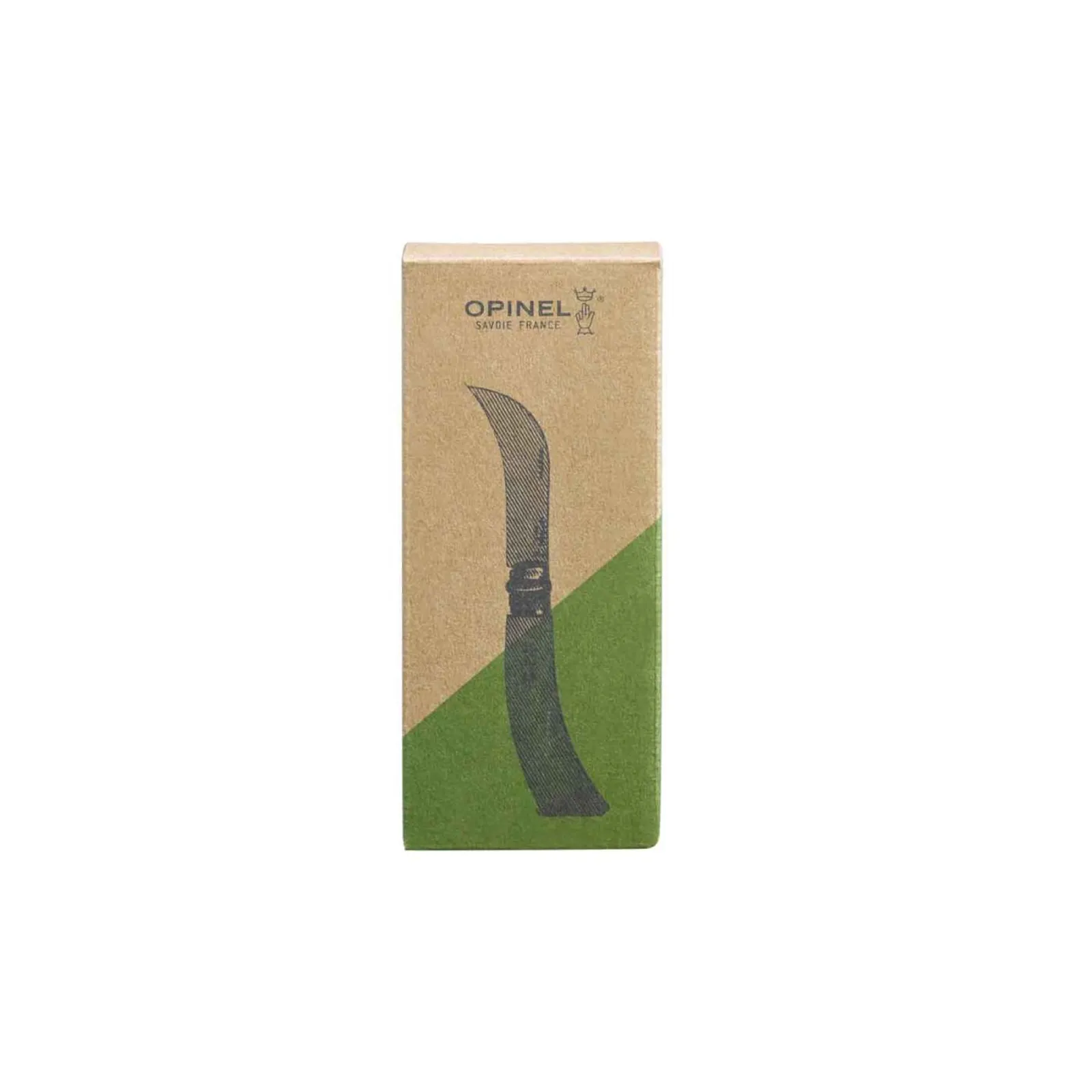 Opinel N08 beskär- och ympkniv i miljövänlig förpackning med böjt blad och naturligt färgschema