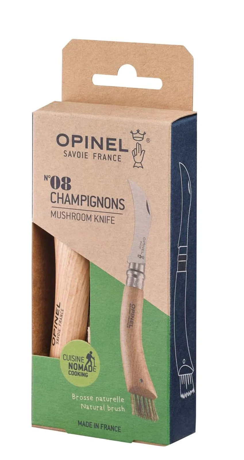 Opinel N08 svampkniv i naturlig träfinish med böjt rostfritt stål blad och rengöringsborste