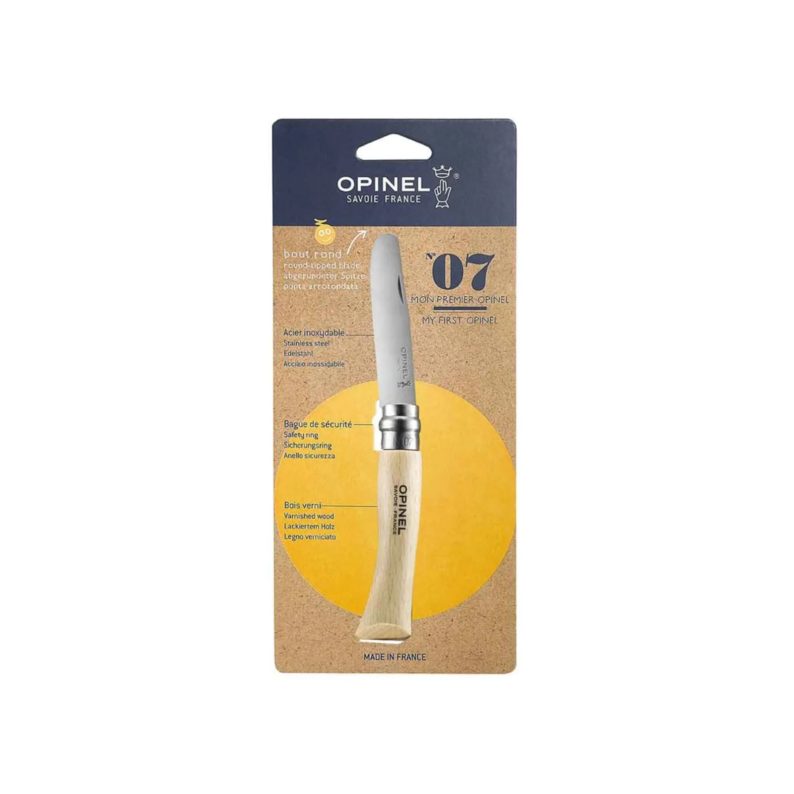 Opinel No. 07 barnkniv med rostfritt stål blad och lackerat trähandtag - förpackad med säkerhetsring