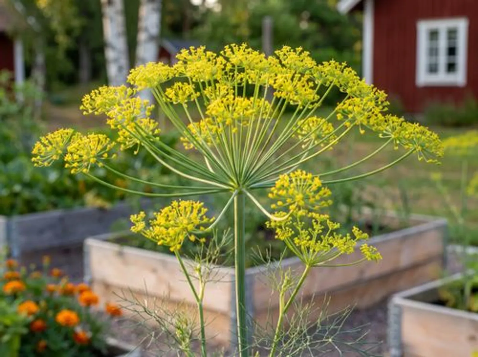 Gul dillkrona i parasollstadiet med fullt utslagna blommor i sammansatt flock, redo att skördas för inläggning och kräftor