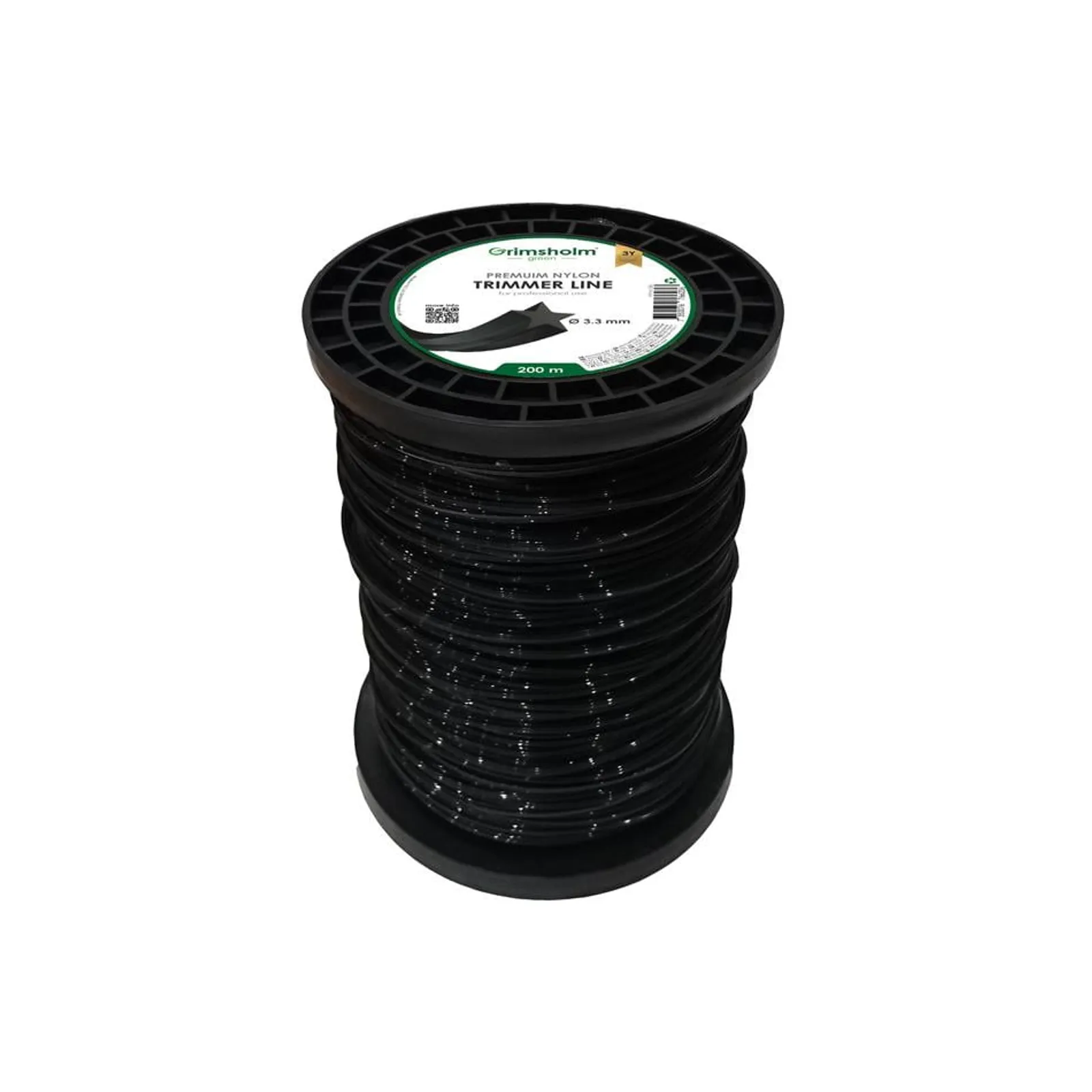 Trimmertråd 3,3mm i svart nylon, 200m rulle från Grimsholm, designad för effektiv gräsklippning och trimmning