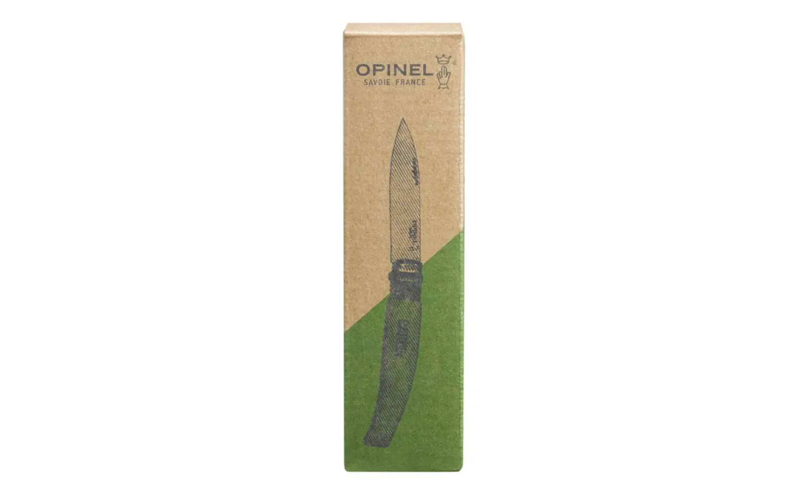 Opinel N08 klassisk trädgårdskniv i miljövänlig förpackning med elegant design och naturliga färger