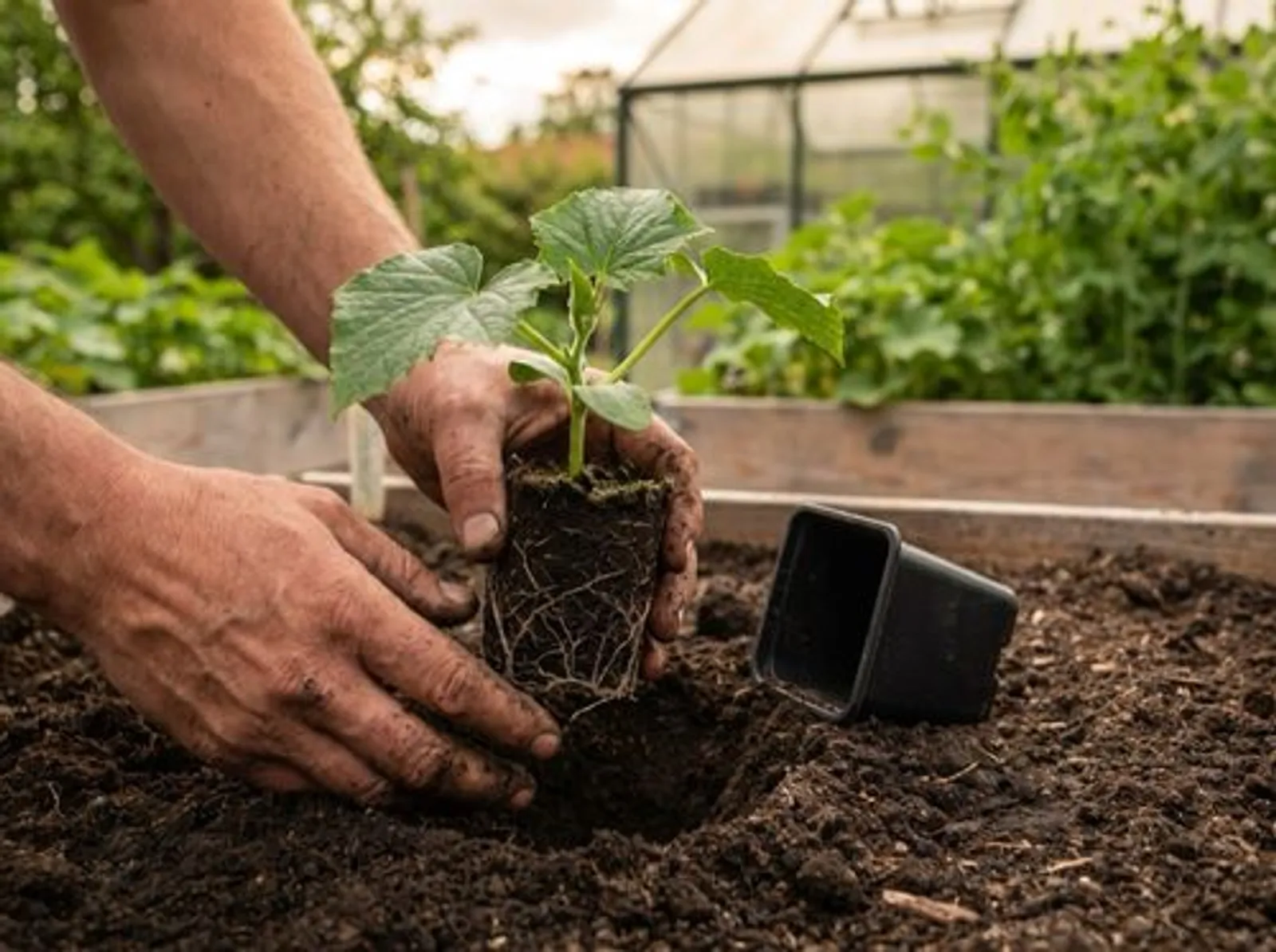 Händer planterar ut en liten gurkplanta med hel rotklump i mörk jord i en upphöjd bädd