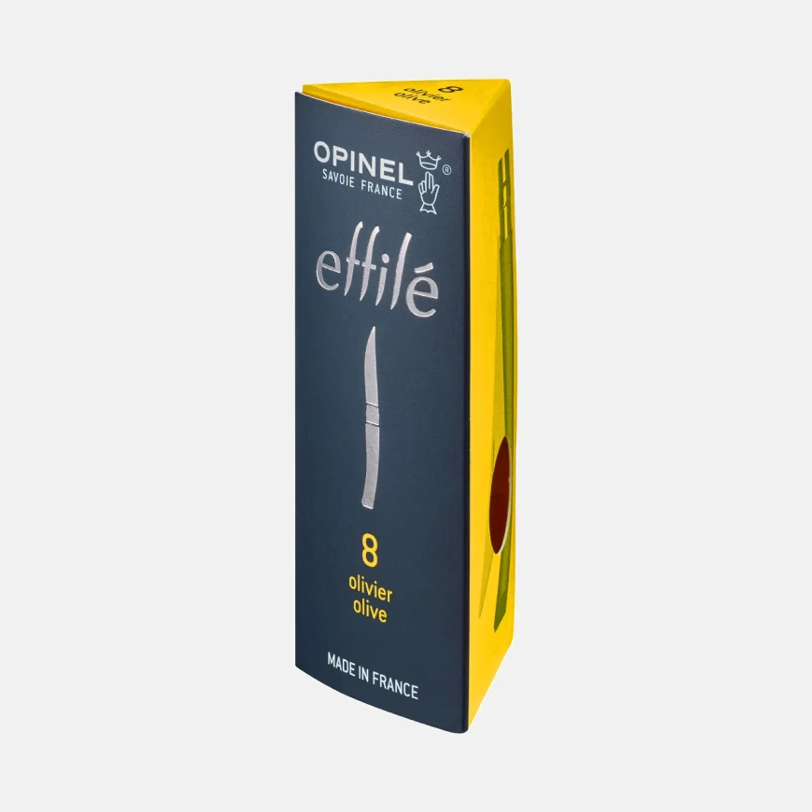 Opinel N08 Inox kniv olivträ i förpackning med gul och blå design - tillverkad i Frankrike