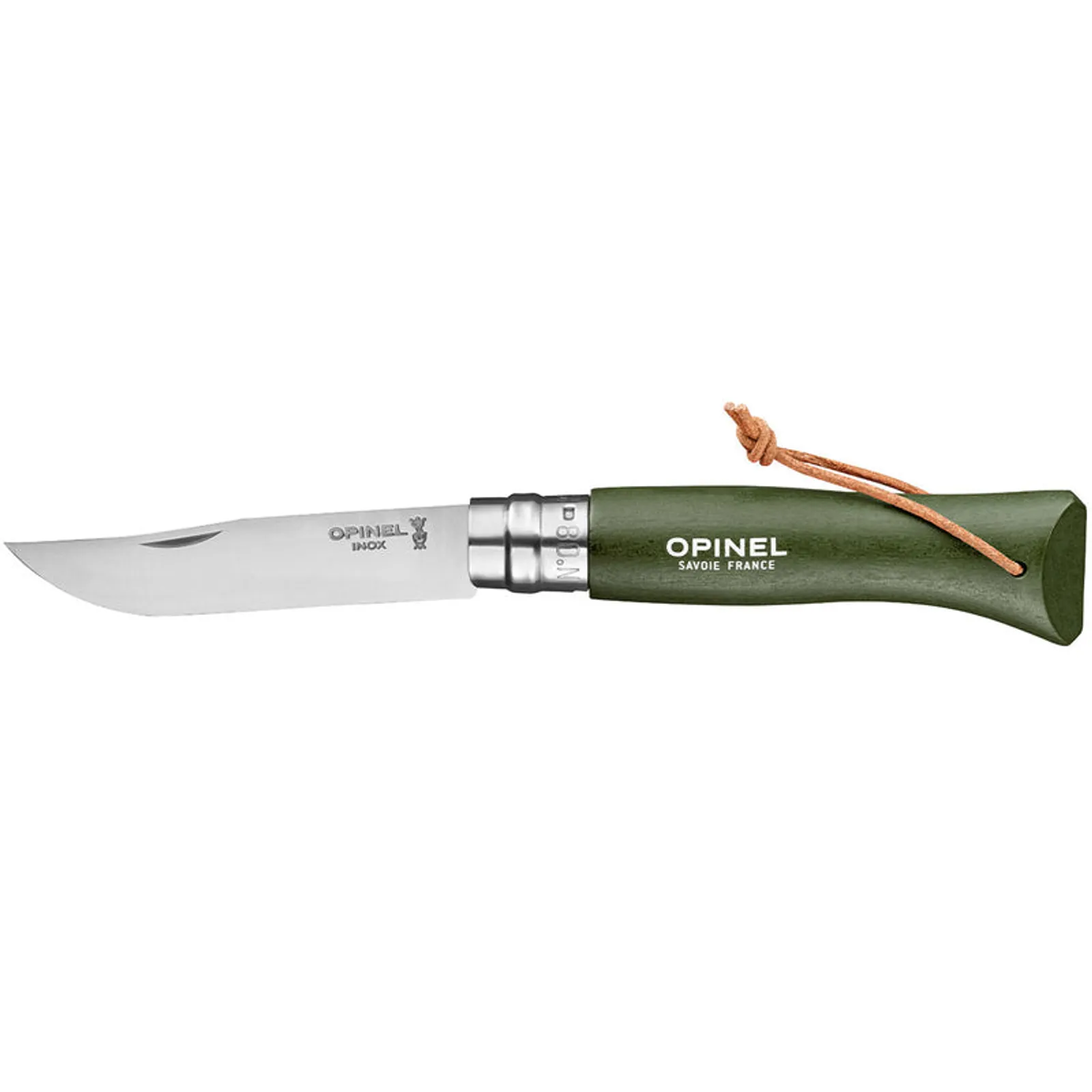Opinel N°08 Bushwhacker fällkniv med grönt bokträhandtag, rostfritt stålblad och läderslinga - perfekt för utomhusäventyr och bushcraft
