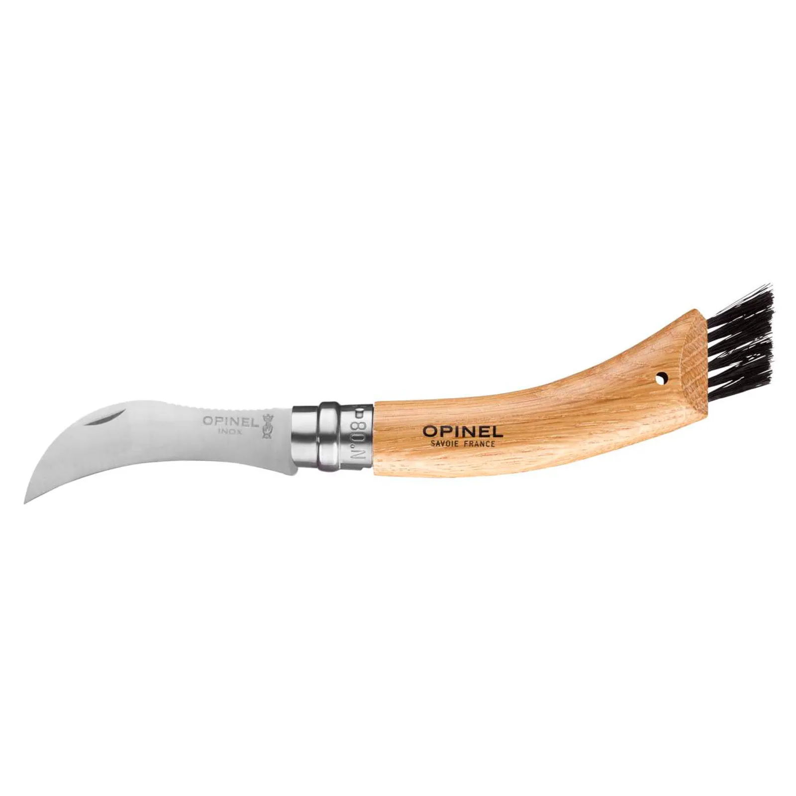 Opinel N08 svampkniv med böjt rostfritt stål blad och trähandtag med inbyggd rengöringsborste