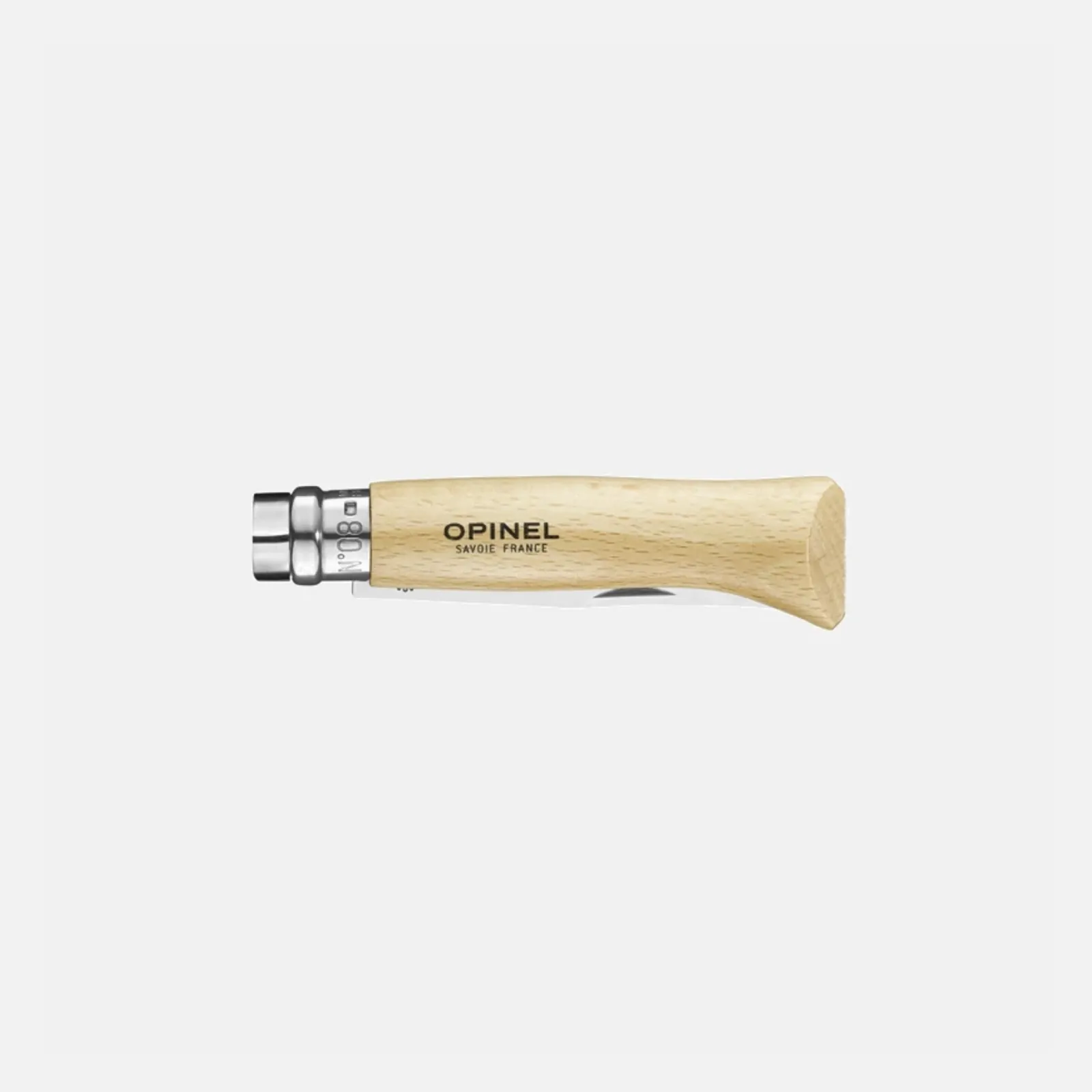 Opinel N08 Inox kniv med naturligt trähandtag och rostfritt stål blad - visar klassiskt franskt hantverk