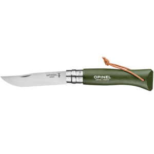 Opinel N°08 Bushwhacker fällkniv med grönt bokträhandtag, rostfritt stålblad och läderslinga - perfekt för utomhusäventyr och bushcraft